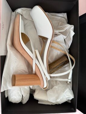 Awake White Leather Slingback Heels with Wood-Tone Cylindrical Heel